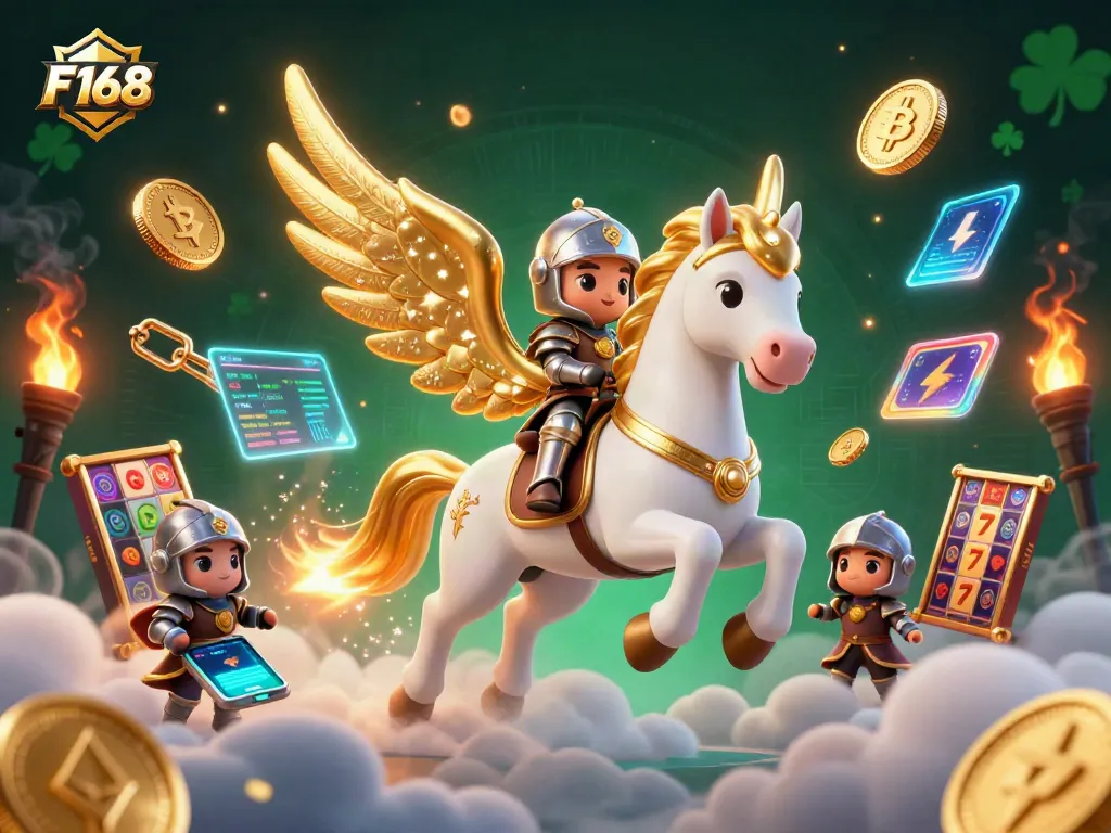 Experience thrilling F168 gaming action with a celestial knight and cryptocurrency elements in a vibrant casino scene.