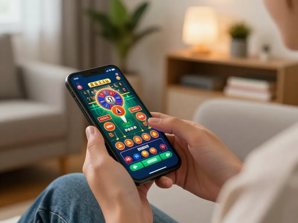 Player engaging with 78win mobile casino app in a cozy living room for exciting online betting