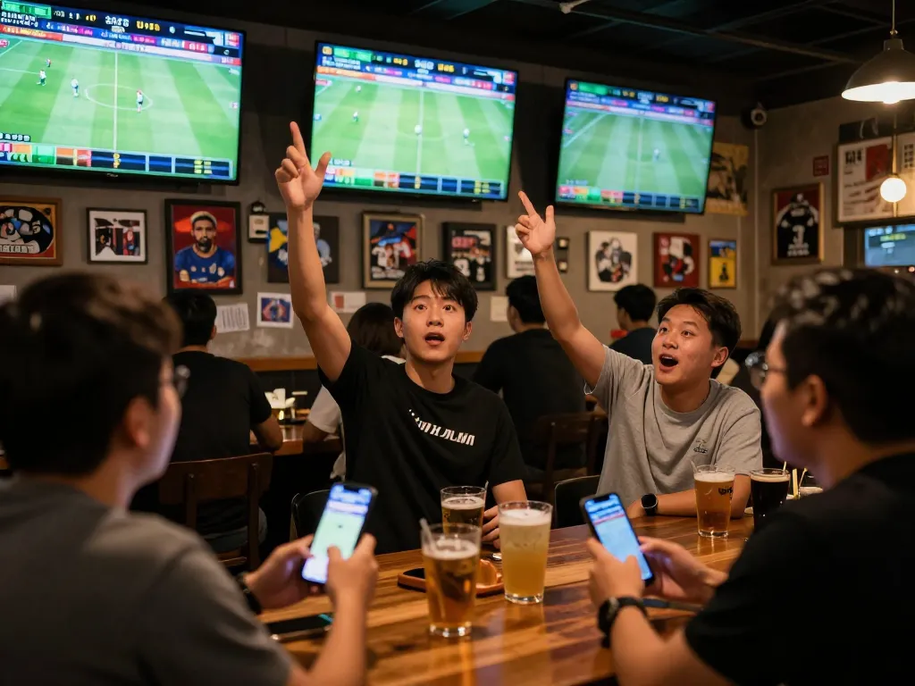 Fans engaging in kèo nhà cái trực tiếp sports betting at a lively bar during live match.