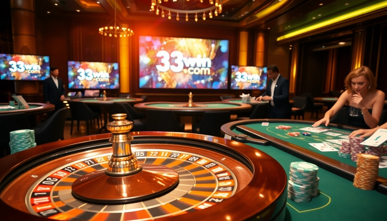 Thrilling casino scene featuring gambling activities at 33win com, including roulette and blackjack tables.