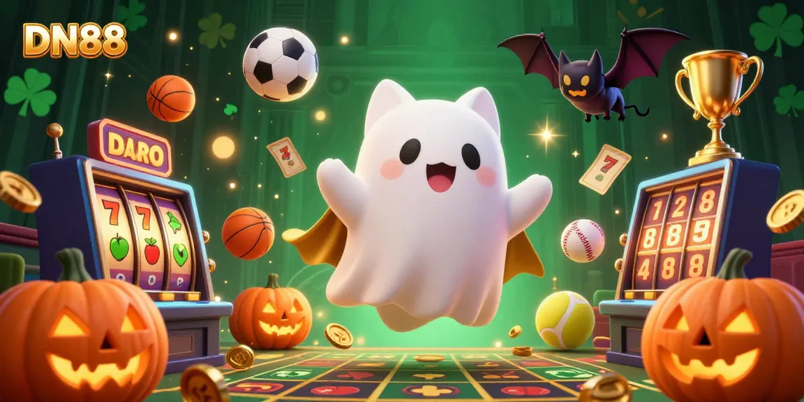 Experience thrilling gaming with DN88, featuring a friendly ghost cat in a haunted casino adventure.