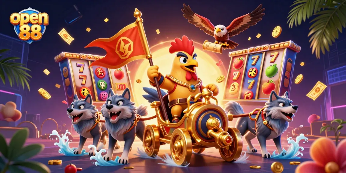 Experience the excitement of open 88 with a vibrant, dynamic 3D casino illustration featuring a rooster warlord and golden elements.