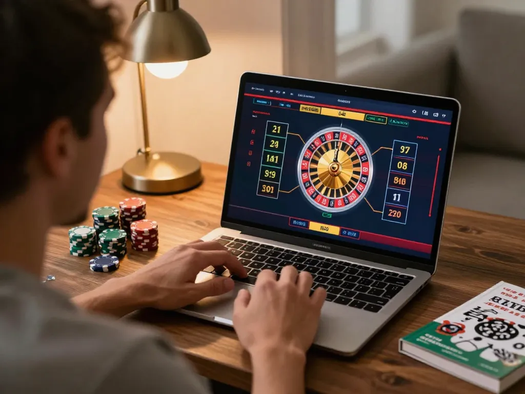 Playing roulette online at https://9bet9.in.net with chips stacked, cozy home atmosphere.