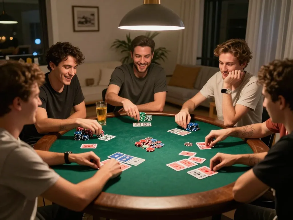 Engaged friends playing poker at home, experiencing the excitement of xx88 gaming.