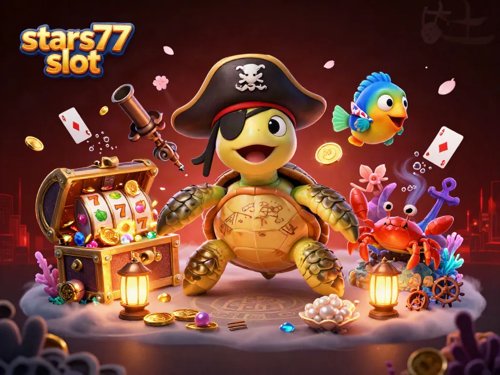 Slot permainan stars77 slot yang dipimpin oleh penyu bajak laut, dikelilingi harta karun bawah laut.