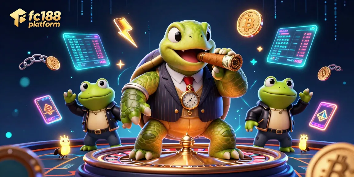 Engage with the dynamic fc188 platform featuring a snapping turtle and bullfrog enforcers amidst neon casino elements.