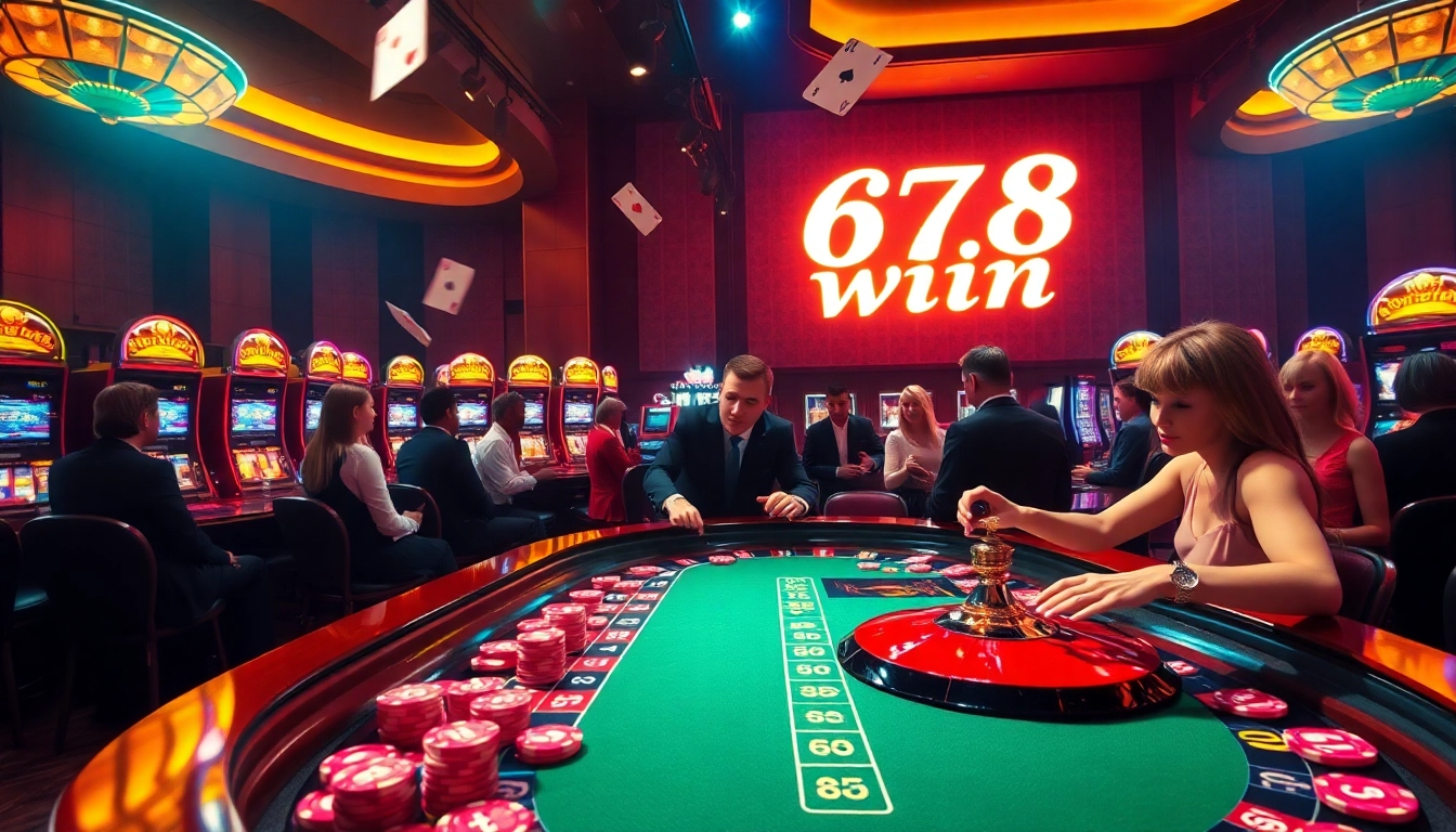 A vibrant casino scene showcasing the thrill of winning with '678 win' at the roulette table, players engaged in excitement.