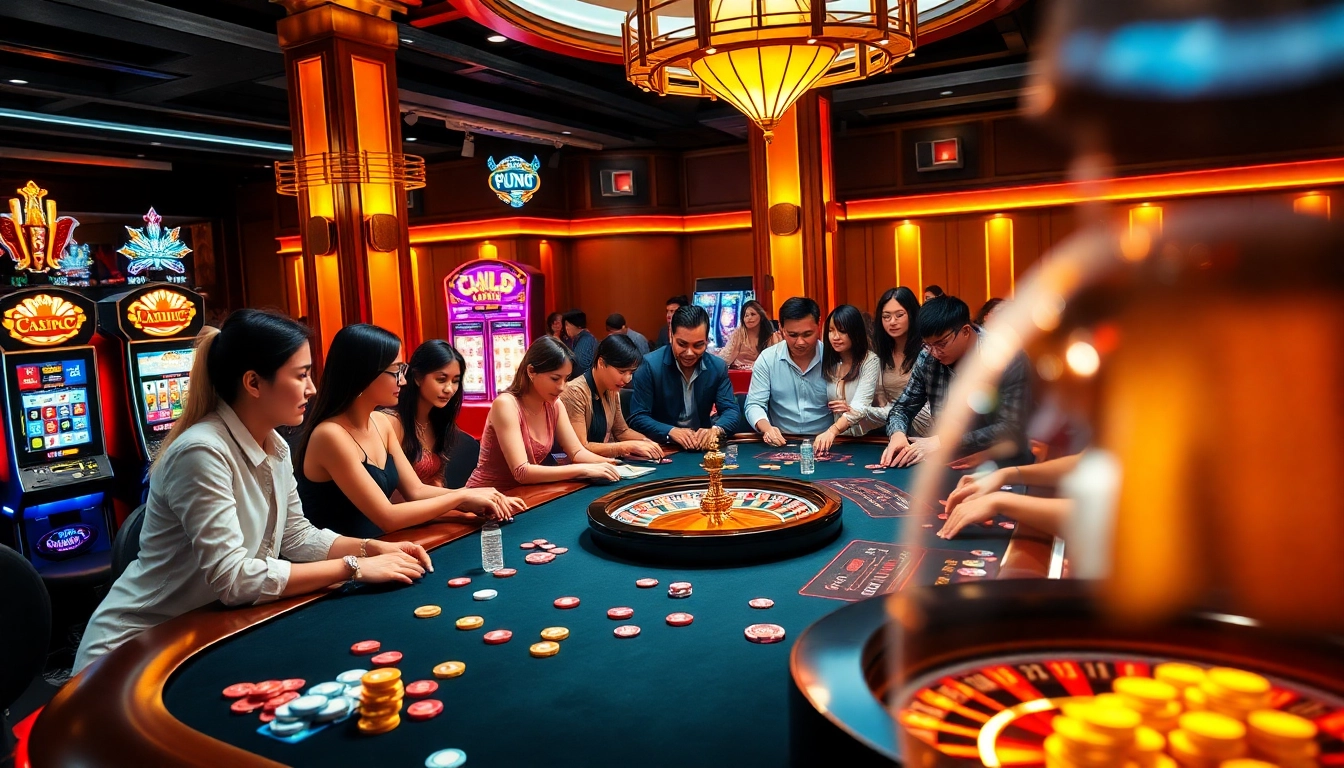JL111-themed casino table with vibrant slot machines and excited gamblers experiencing the thrill of the game.