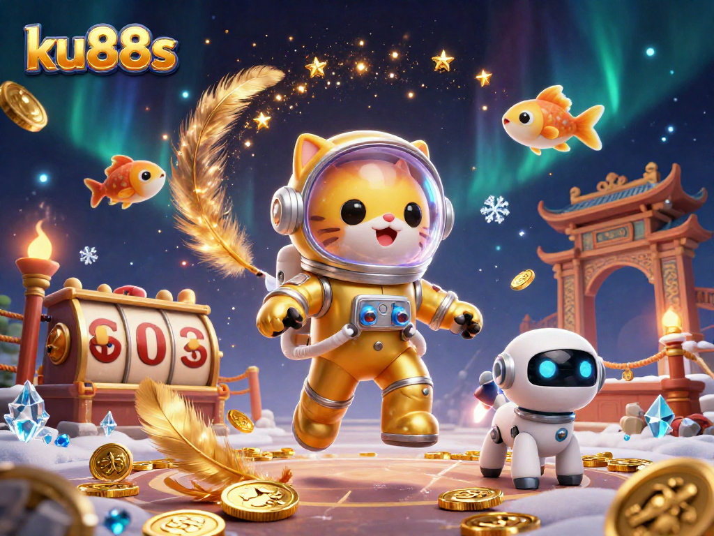 Win big with ku88s in an exciting casino scene featuring a floating astronaut cat and treasures.