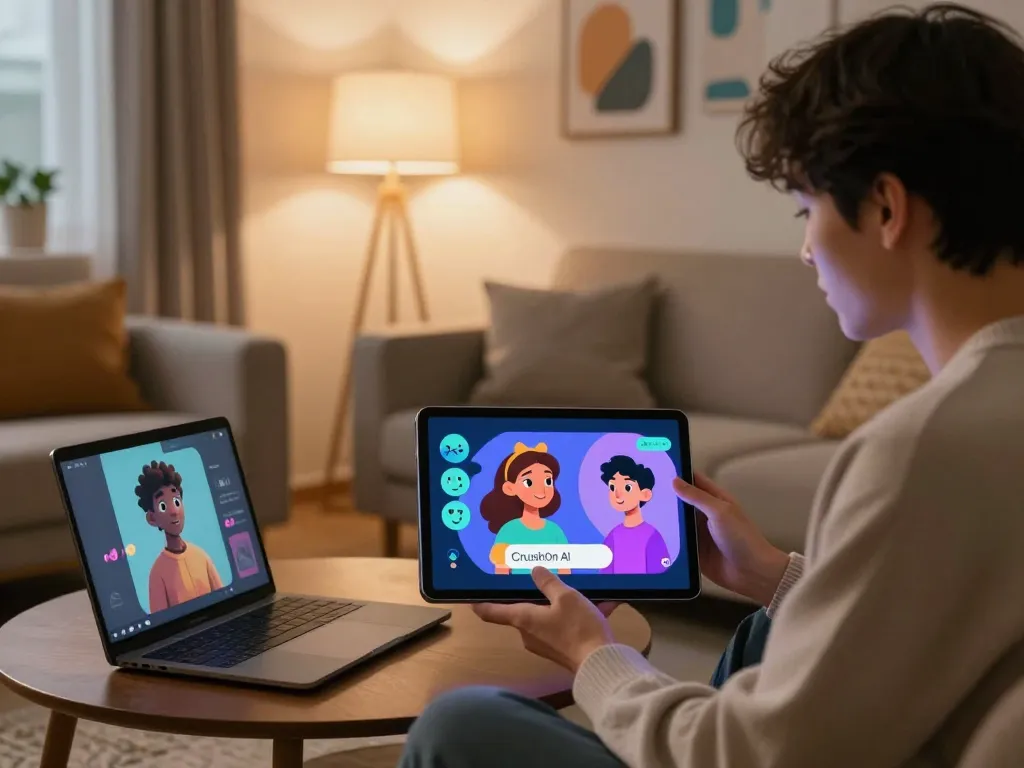 Immersive CrushOn AI experience, user interacting with vibrant AI characters in a cozy environment.