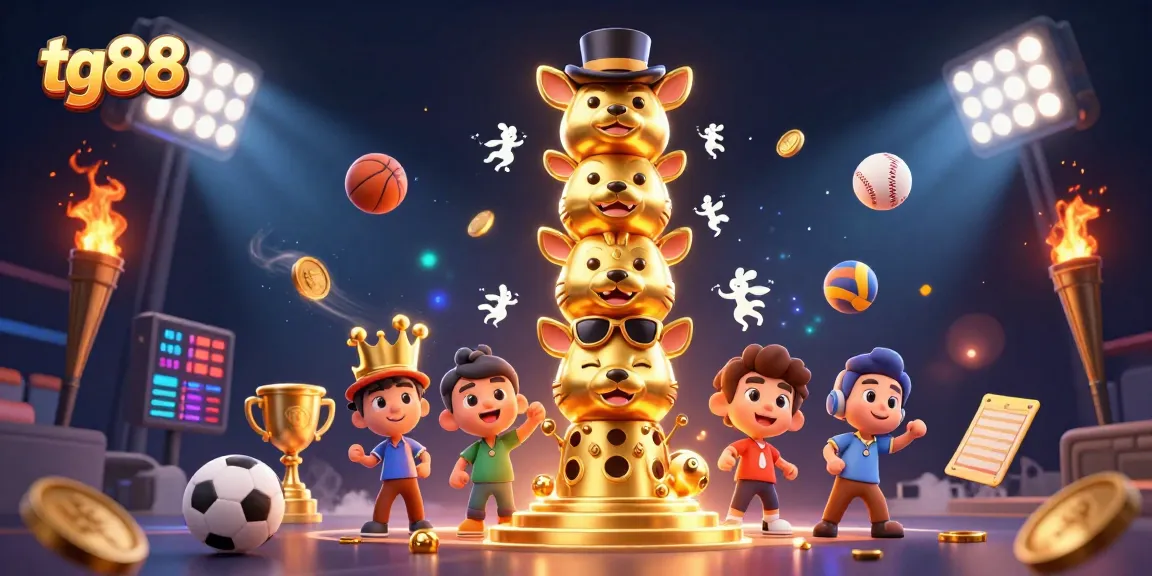 Bet on tg88 action with dynamic sports elements and a golden totem in immersive illustration.