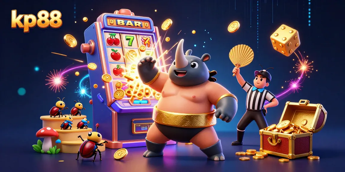 Experience the excitement of kp 88 with a dynamic casino illustration featuring a sumo champion beetle amidst a jackpot explosion.