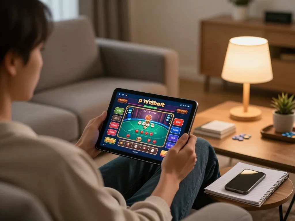 Enjoying poker on the p789bet platform in a cozy home setup with tablet and betting notes.