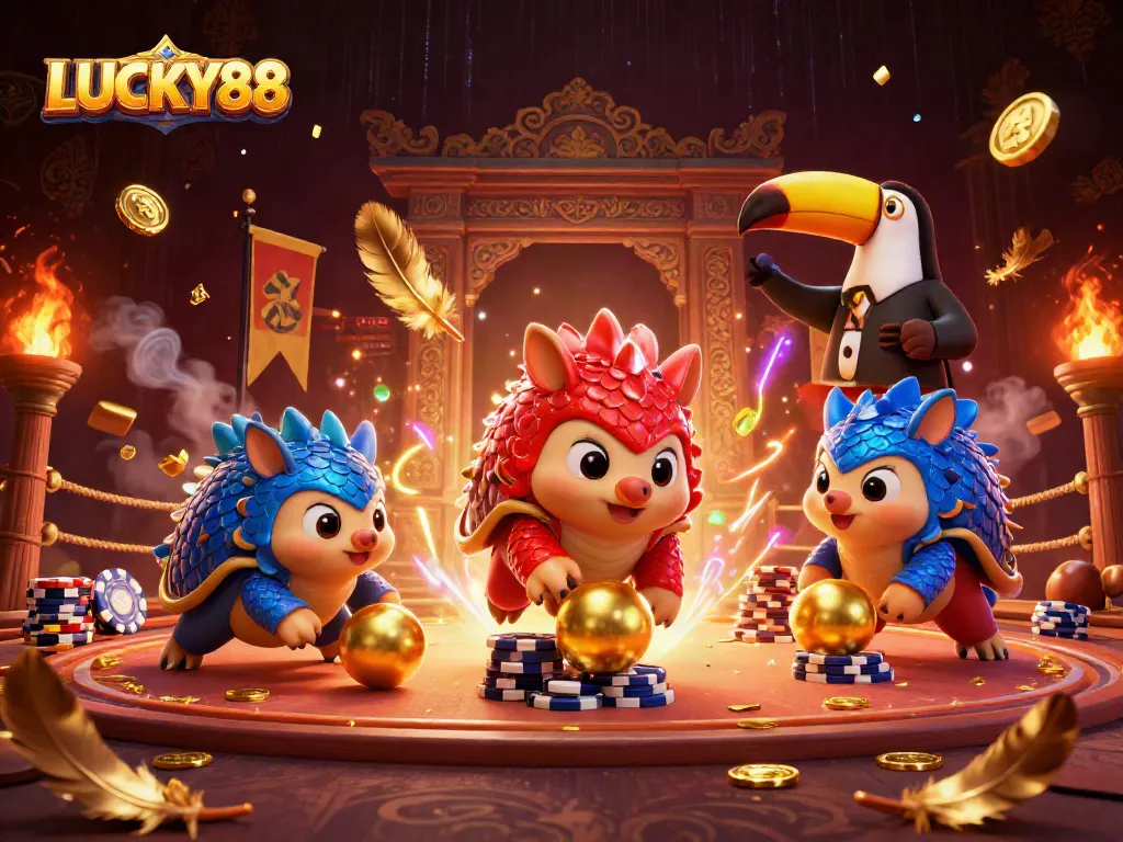 LUCKY88 pangolins compete with golden chips in a vibrant casino scene full of energy.