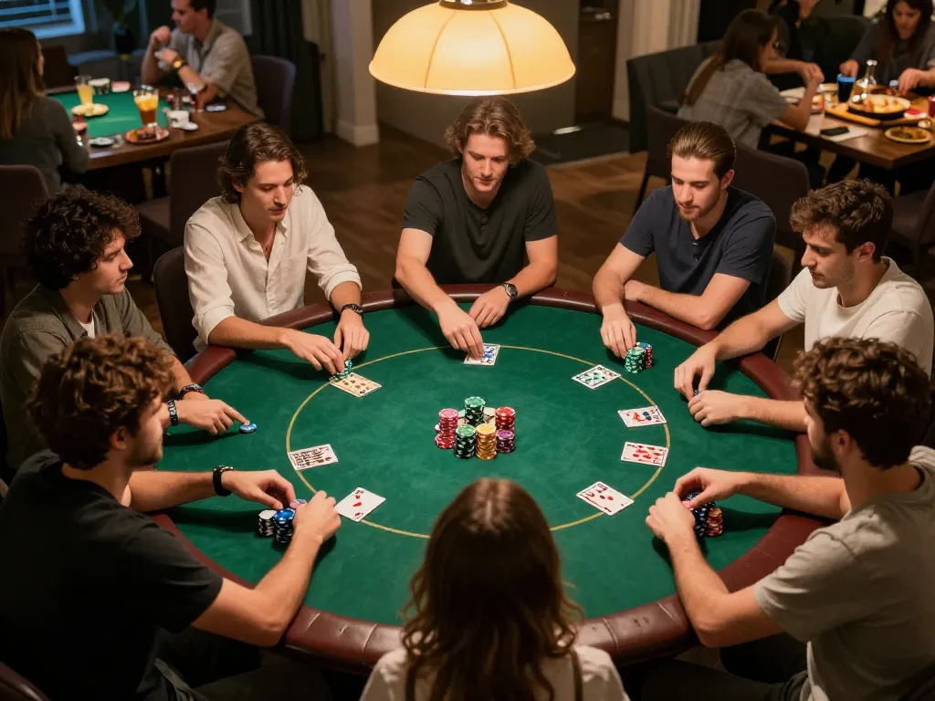 Players enjoying a thrilling poker game at home, focusing on strategy with 23Win