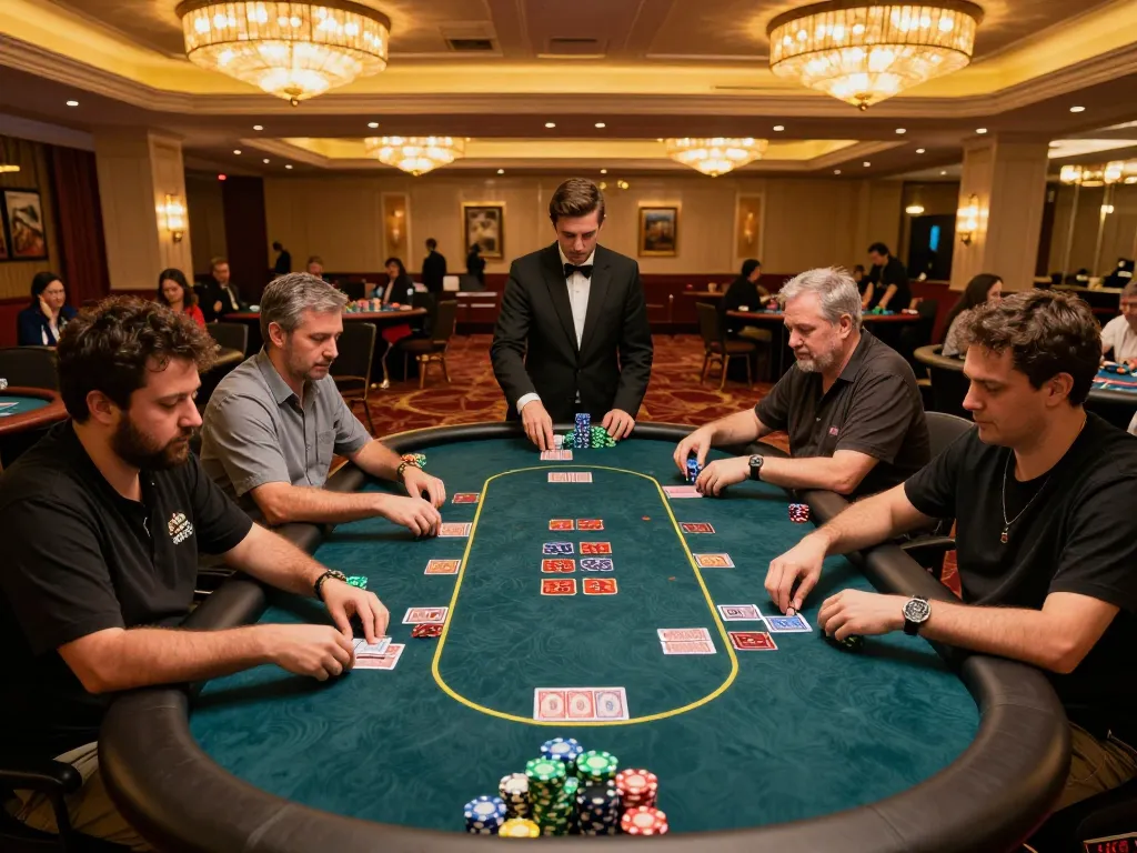 Players immerse in strategic poker at 99ok casino, vibrant chips and cards in action.