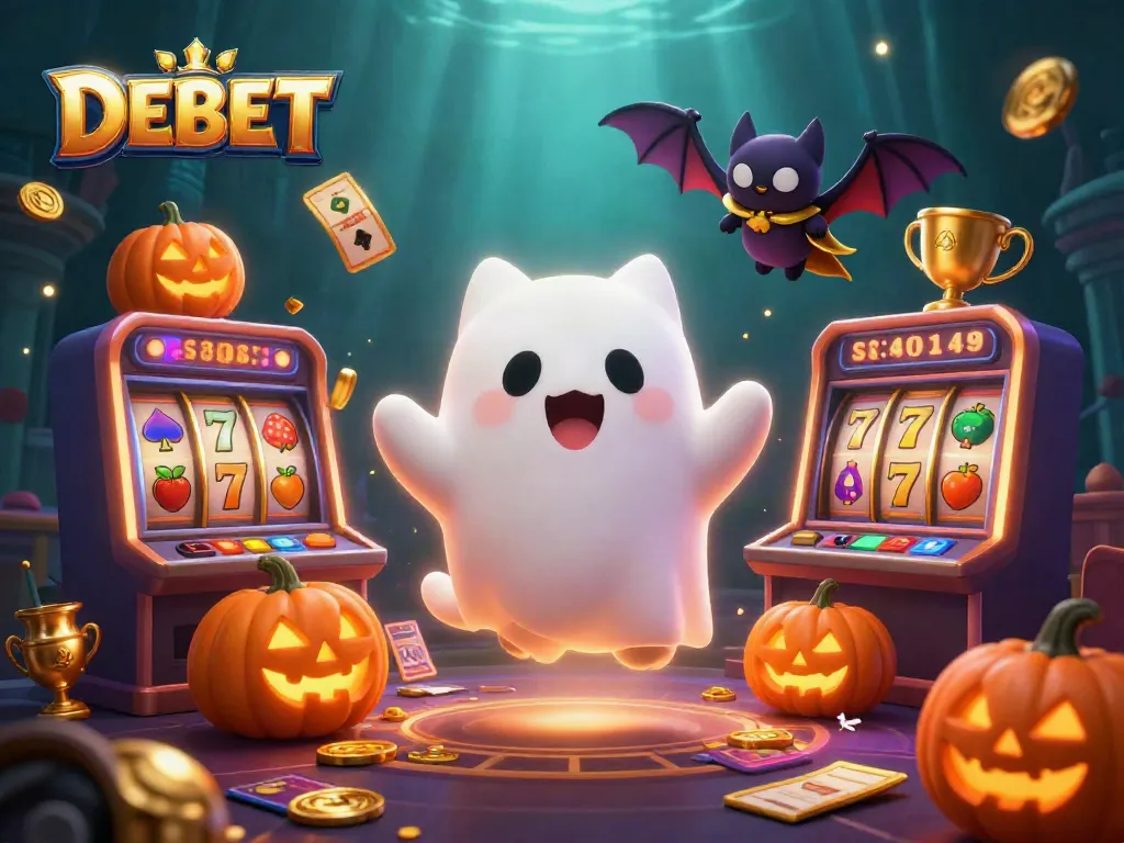 Join the excitement with DEBET in a vibrant casino scene featuring playful characters and slots.