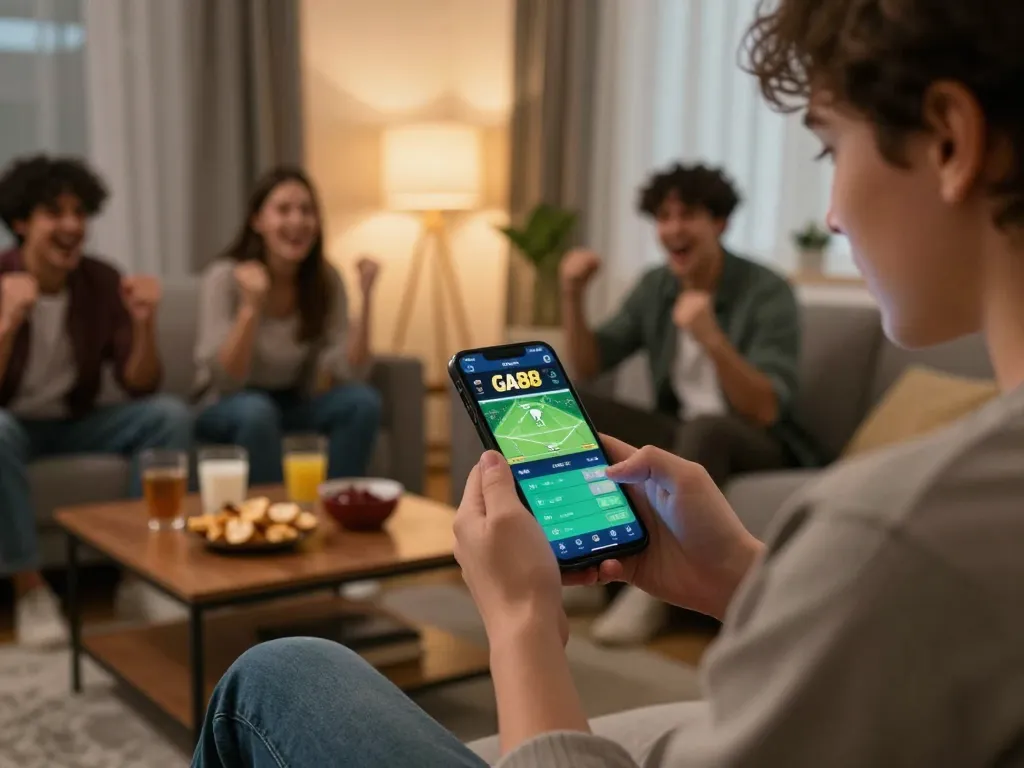 Engaging sports betting action on GA88 app from a cozy home setup, excitement in the atmosphere.