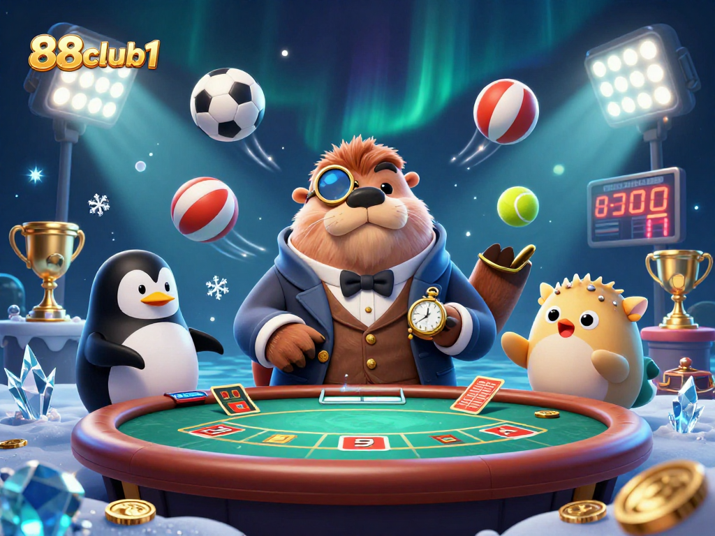 Engaging 88club1 underwater poker scene with a walrus, penguin dealer, and pufferfish player bluffing.