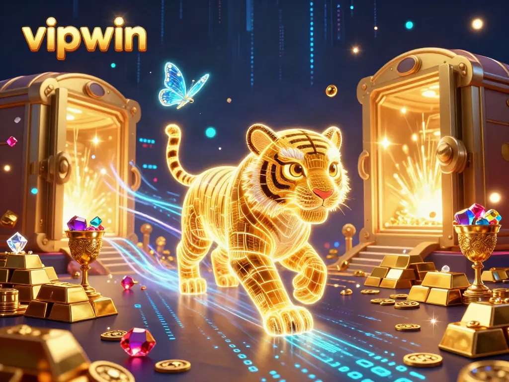 Experience the exhilarating world of vipwin with a golden tiger and dazzling casino treasures in this vibrant illustration.