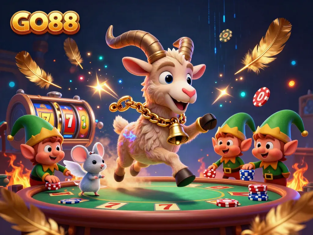 Experience GO88's vibrant casino ambiance with Krampus, angel mouse, and playful gremlins.