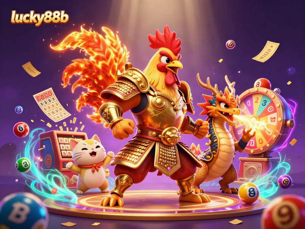 Experience thrilling gaming at lucky88b with a 3D cartoon rooster warrior and real-time lottery excitement.