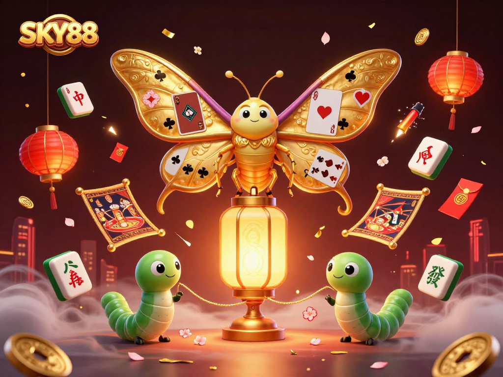 Experience the vibrant world of SKY88 with golden motifs and dynamic casino elements in a rich 3D illustration.