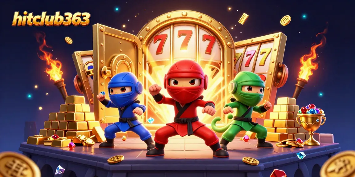 Hitclub363 showcases a dynamic 3D illustration of ninja chameleons symbolizing slot gaming excitement with gold treasures.