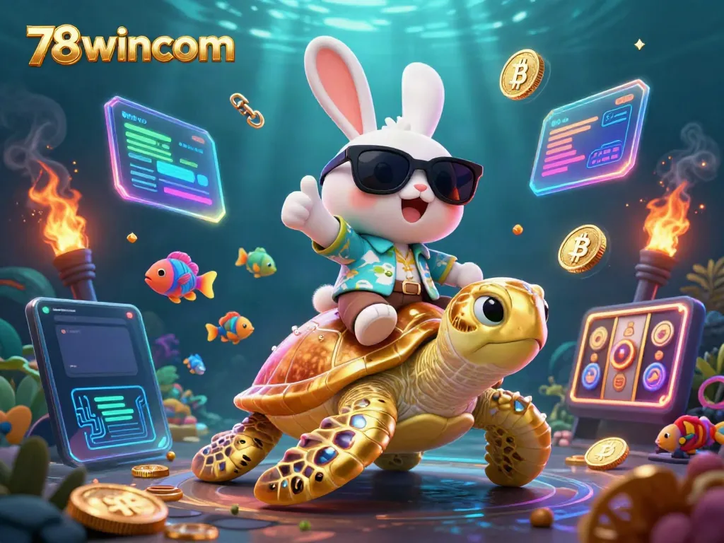 Explore the dynamic world of 78wincom with a lucky rabbit and a golden turtle among crypto coins, illustrating online gaming.