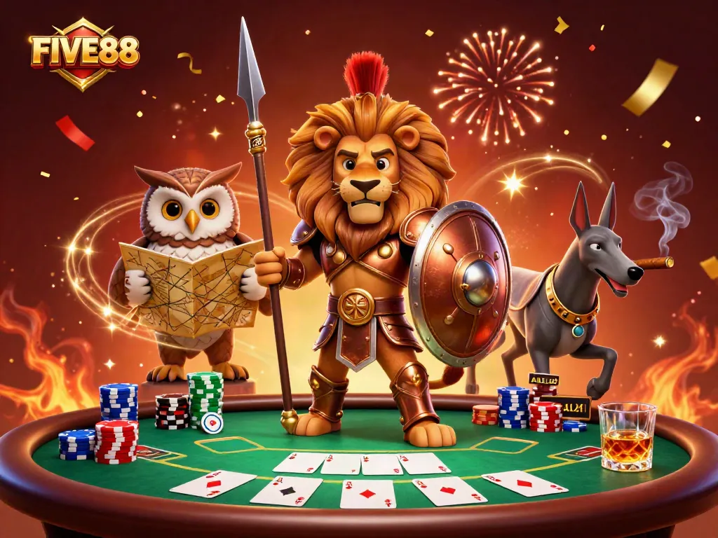 Engage in high-stakes poker battles with FIVE88 featuring a Spartan lion and friends.