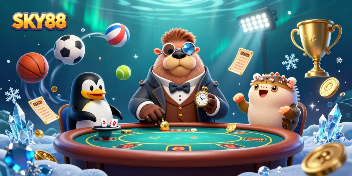 Sky88 players enjoying underwater poker with a walrus, penguin dealer, and bluffing pufferfish.