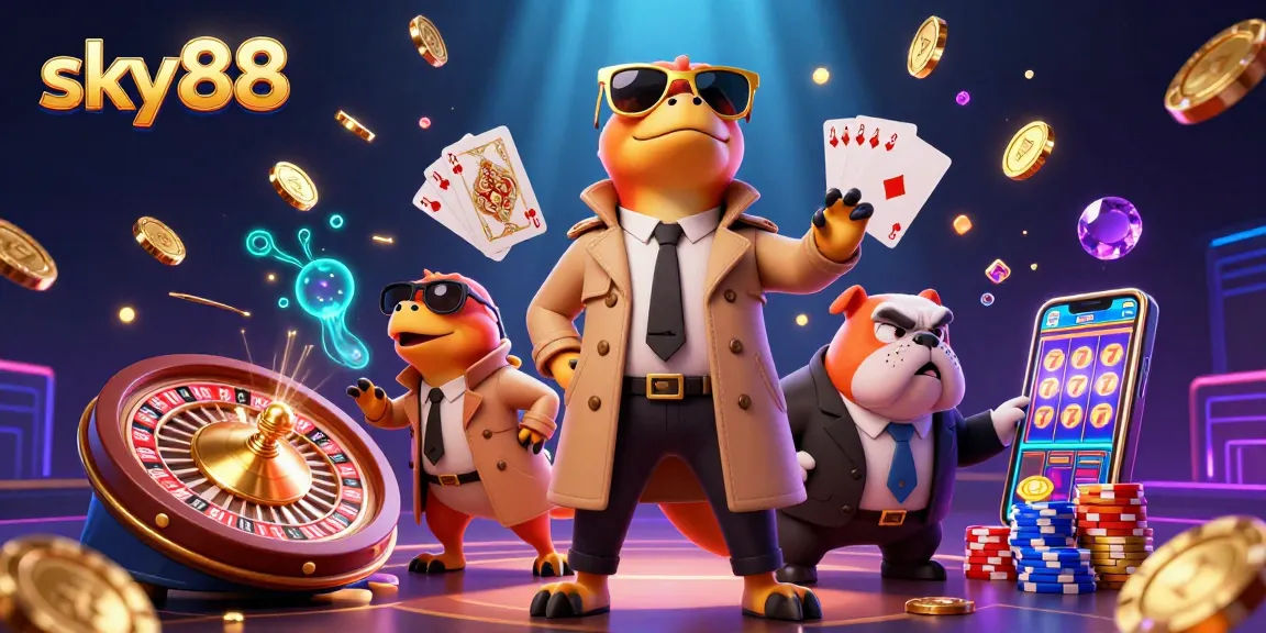 Experience sky88's vibrant casino world with playful raptors and dazzling gaming elements.