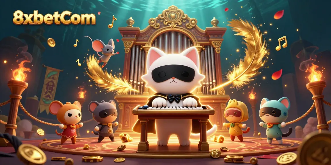Experience the thrill of gaming at 8xbetCom with a captivating casino scene featuring whimsical characters and vibrant elements.