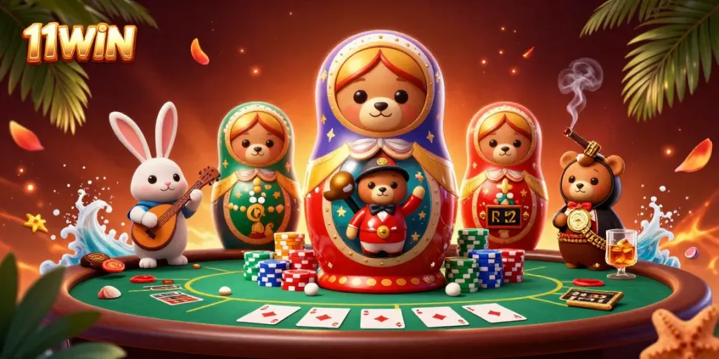 Experience thrilling gambling action at 11WIN with vibrant casino-themed digital art.