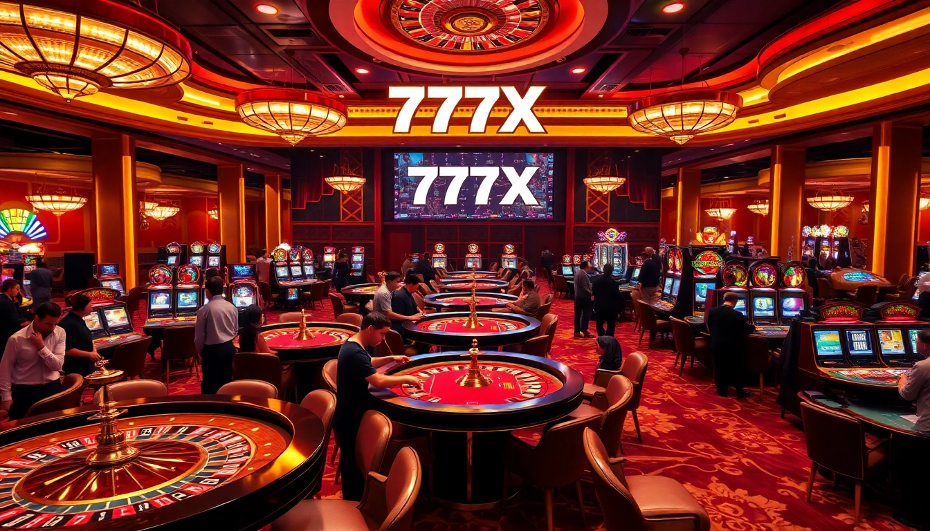 Experience the thrill of winning at 777X in a vibrant, luxury casino setting filled with eager players and exciting games.