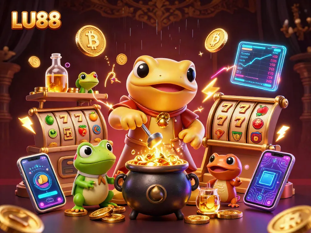 LU88 online casino scene featuring a gambling alchemist with gold coins and slot machines.