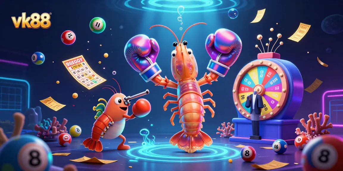 Engage with vk88's lively 3D casino scene, featuring vibrant lottery elements and underwater characters.
