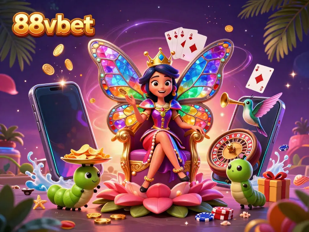 Experience thrilling games with 88vbet's cartoon queen illustration among casino themes.