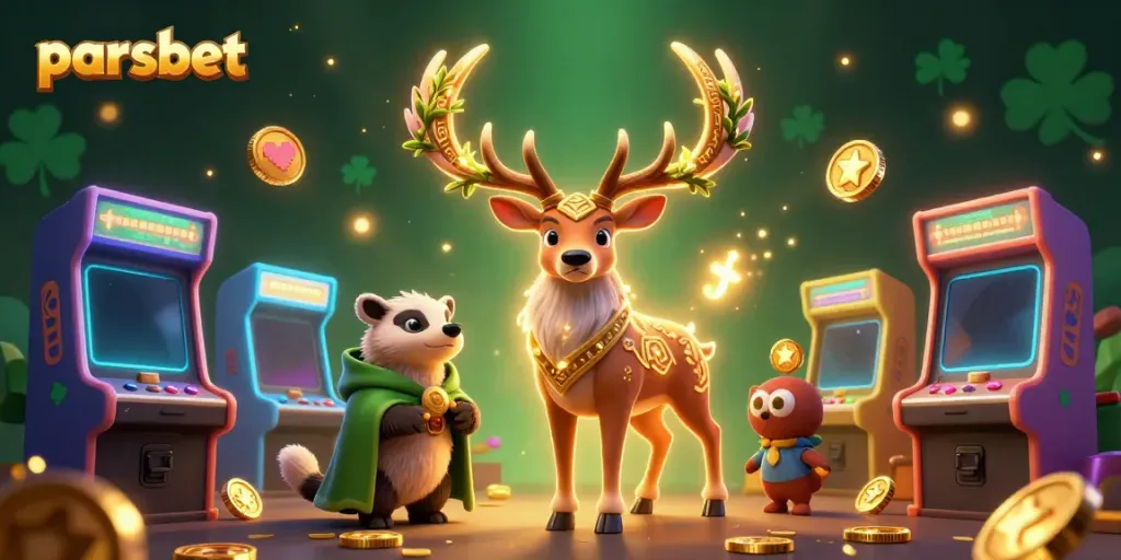 Engage in the vibrant world of Parsbet with a mystical scene of a druid stag and badger surrounded by gaming elements.