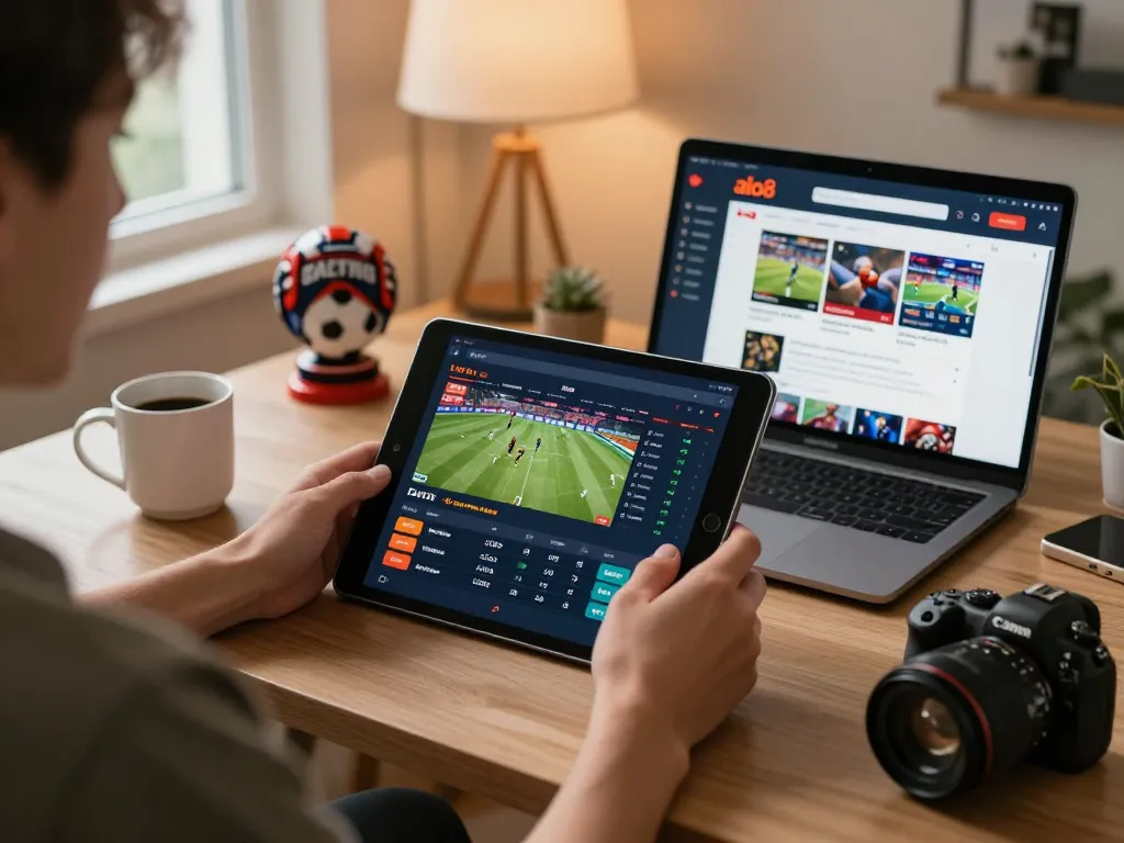 Person engaging in online sports betting with alo8 on a tablet at a stylish home desk, showcasing live odds.