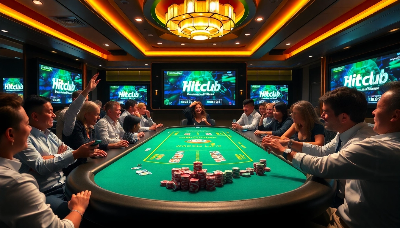 Hitclub uy tín gaming table with colorful chips and cards in an exciting casino atmosphere.