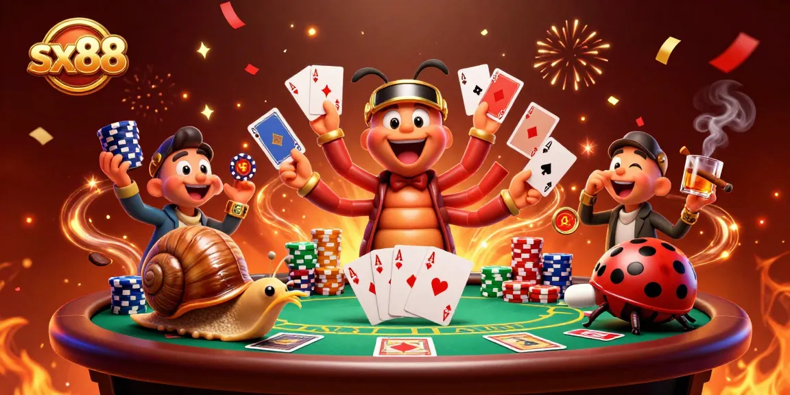 Experience thrilling gameplay at sx88 as colorful characters engage in card games around a busy poker table.