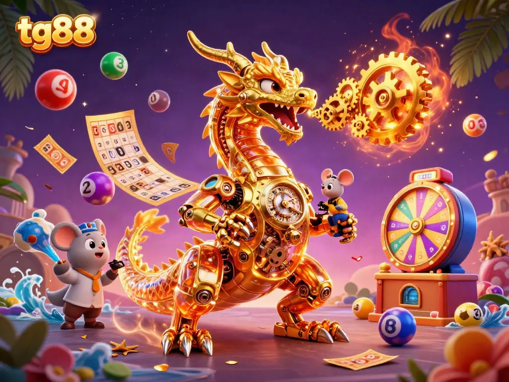 Experience thrilling gameplay with tg88 through a vibrant casino scene featuring a golden dragon and dynamic lottery elements.