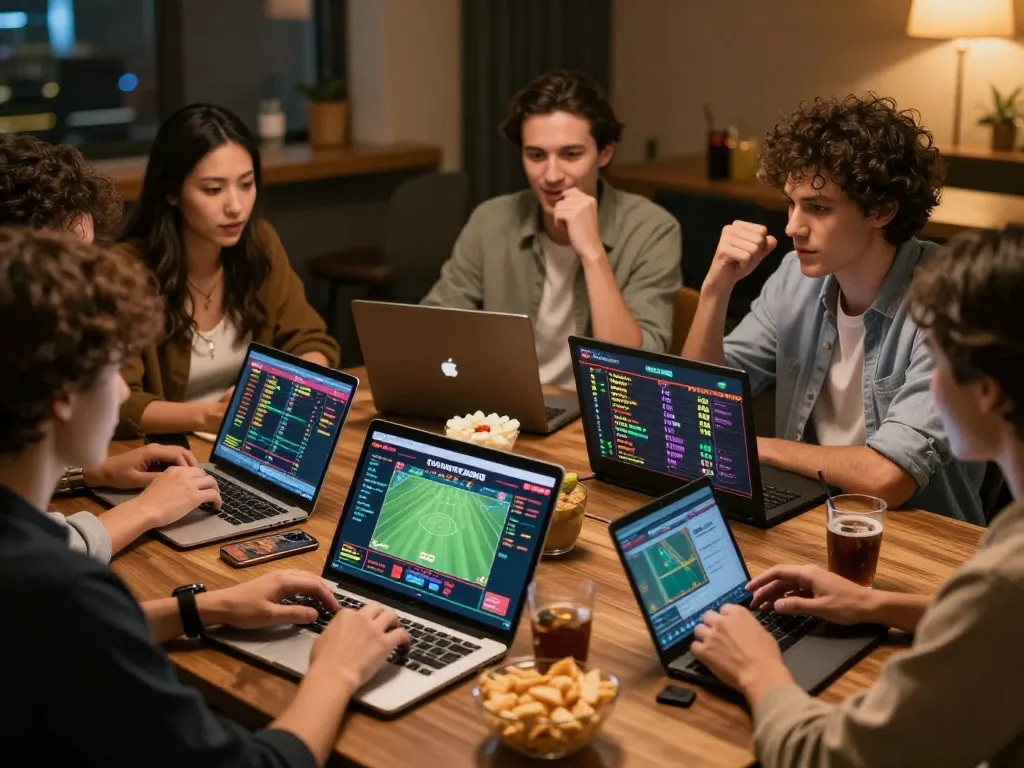 Friends strategizing sports betting using TG88 apps in a cozy home environment with snacks.