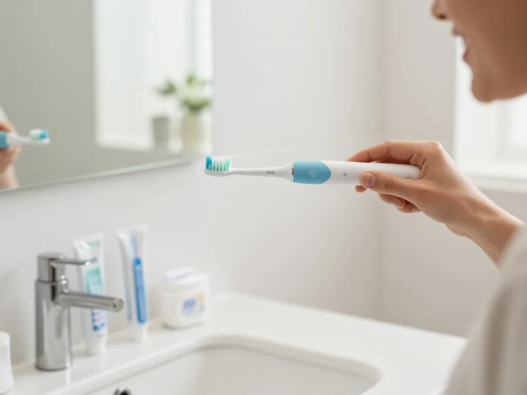 Person using a Laifen electric toothbrush in a stylish bathroom, promoting effective oral hygiene.