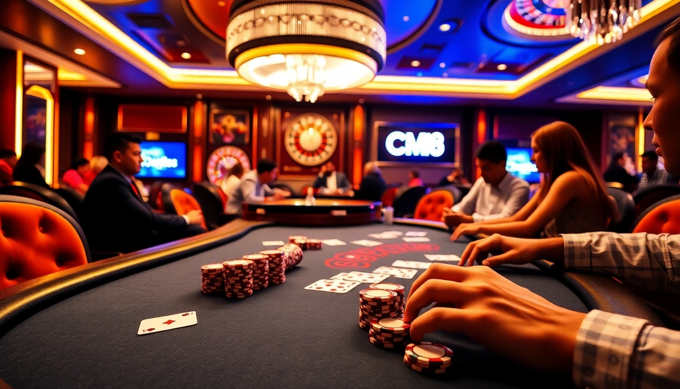 Players engaging at a luxurious poker table with CM88 branding in the casino