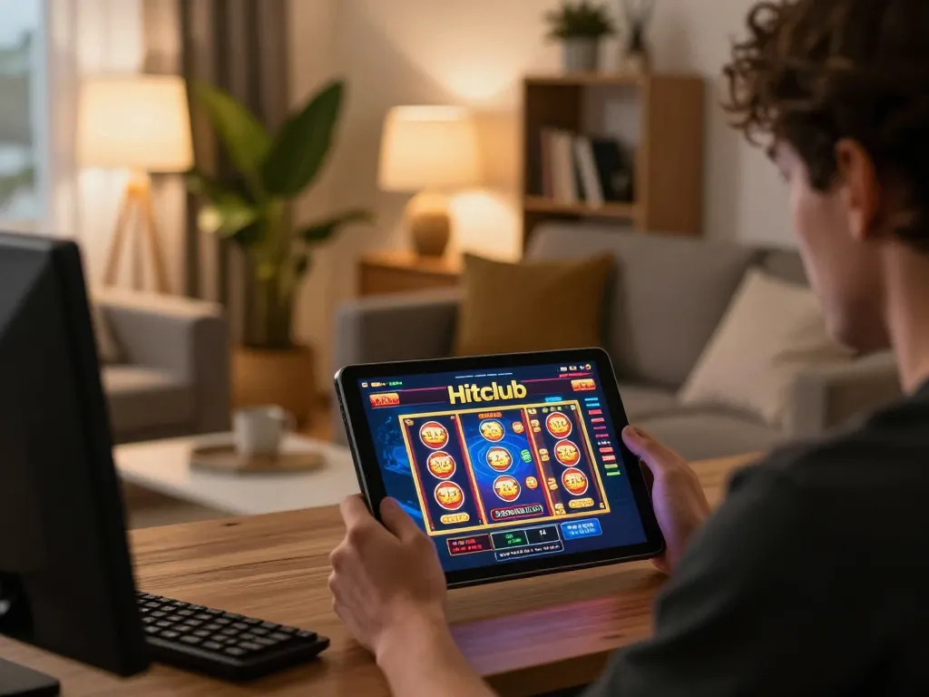 Engaged player using Hitclub app on tablet in cozy gaming setup while enjoying online gambling