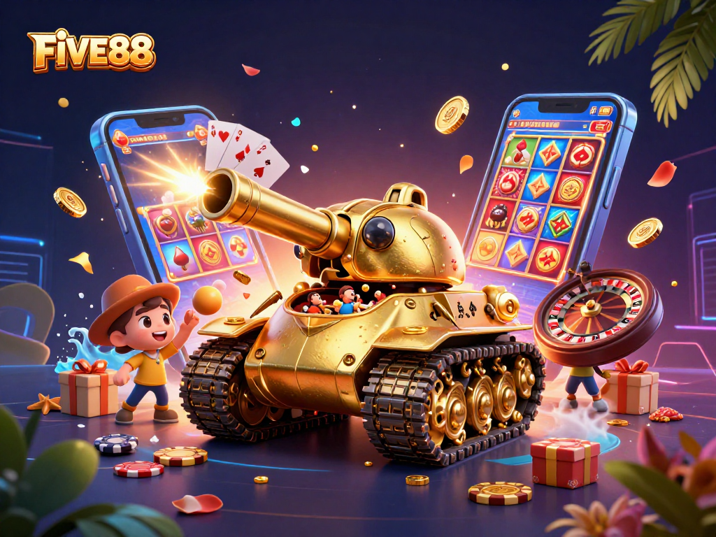 Engage in the exciting world of FIVE88 with a vibrant 3D cartoon casino illustration.