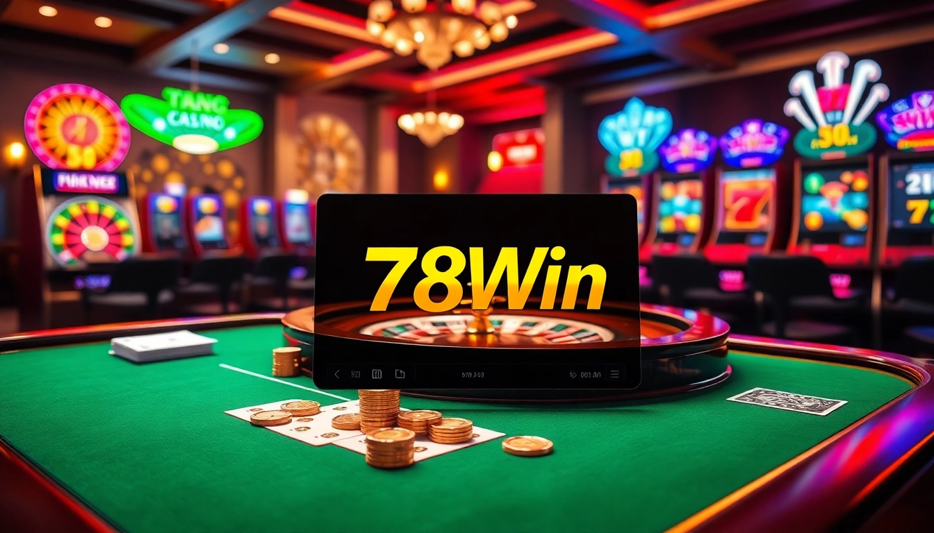 Engaging online gambling scene at Trang chủ 78Win, featuring poker chips and elegant casino elements.