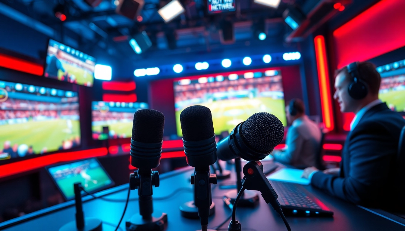 Engaging sports broadcasting setup displaying announcers, live footage, and dynamic visuals.